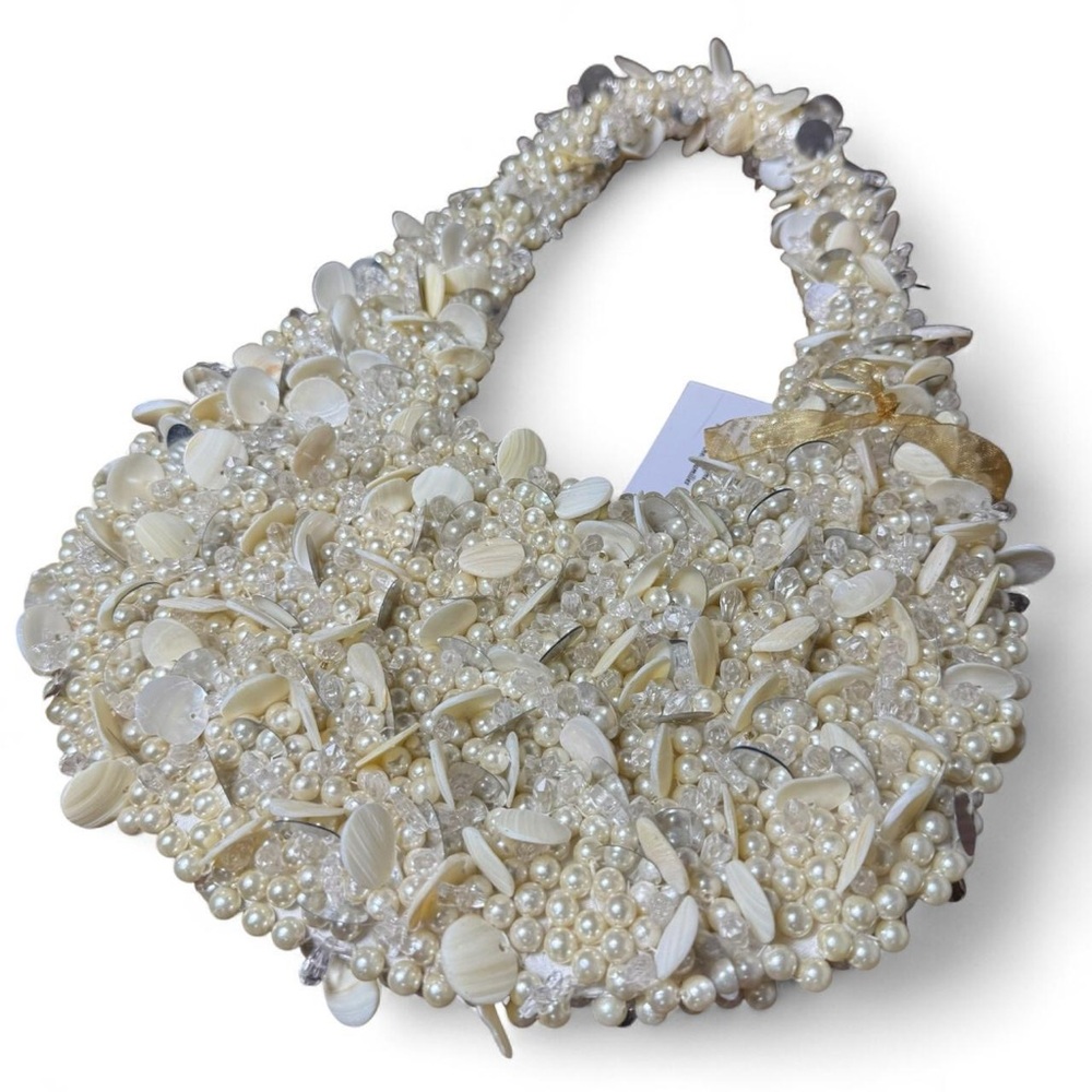 Cream and white Beaded pearl and shell shoulder moon bag - Picture 2 of 5
